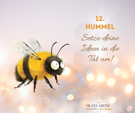 Eine Hummel mit großen Augen und Text: "Setze deine Impulse in die Tat um!"