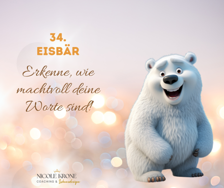 Lächelnder Eisbär vor einem unscharfen, glitzernden Hintergrund.