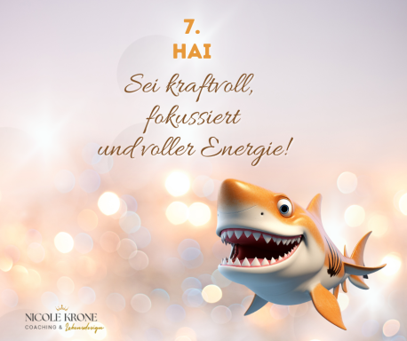 Ein fröhlicher Haifisch mit motivierendem Text über Energie und Fokus.