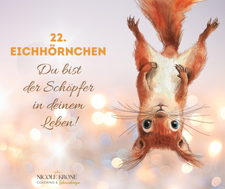 Eichhörnchen hängt kopfüber, mit motivierendem Text und glitzerndem Hintergrund.