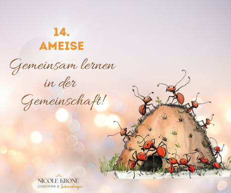 Ameisenhügel mit vielen Ameisen und dem Slogan "Gemeinsam lernen in der Gemeinschaft!"