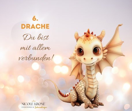 Niedlicher Drache mit großen Augen und Slogan „Du bist mit allem verbunden!“